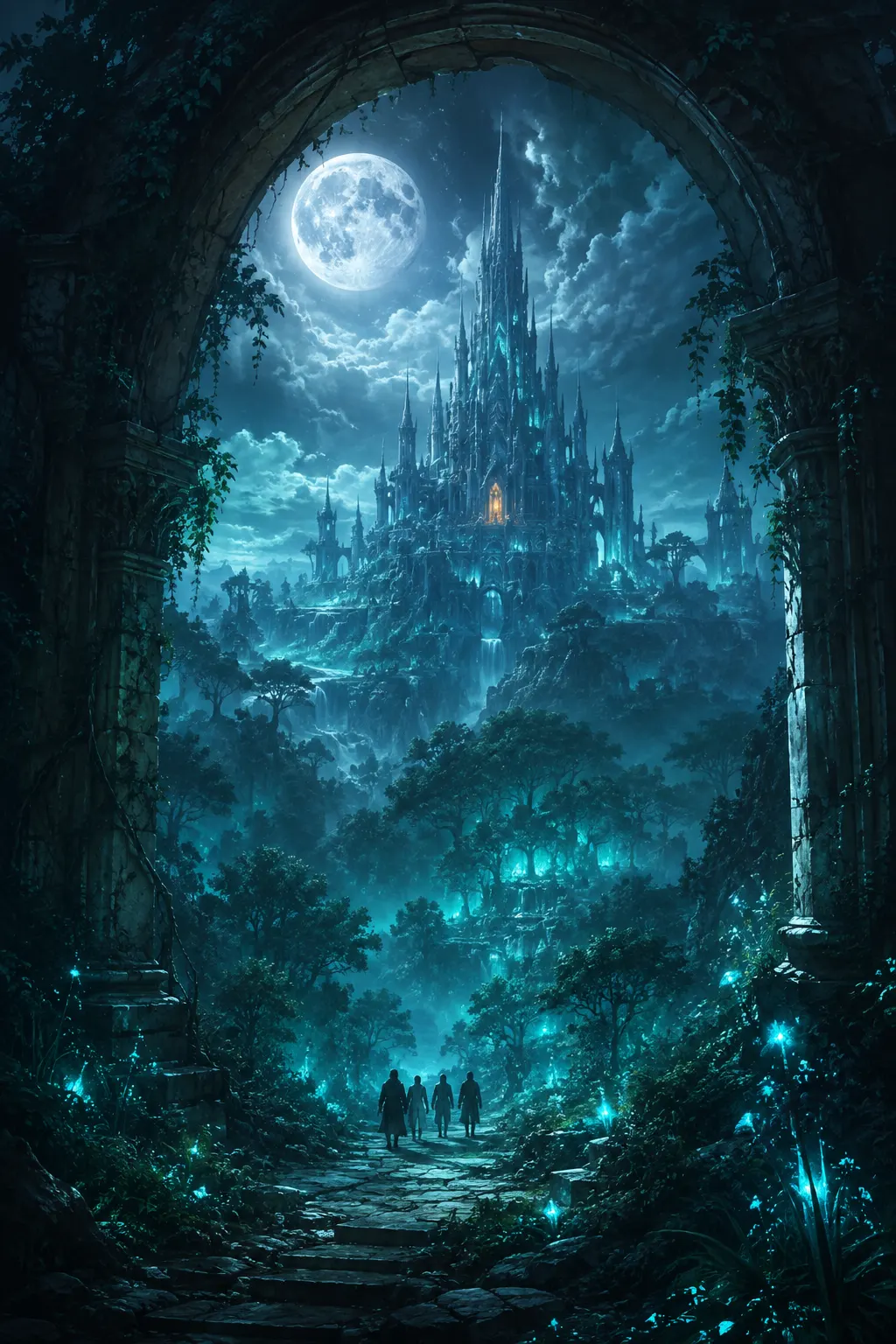 Fantasy concept art: a moonlit citadel above a misty forest