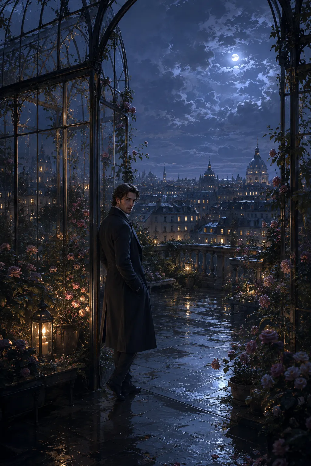 Romance concept art: an adult man in a moonlit conservatory